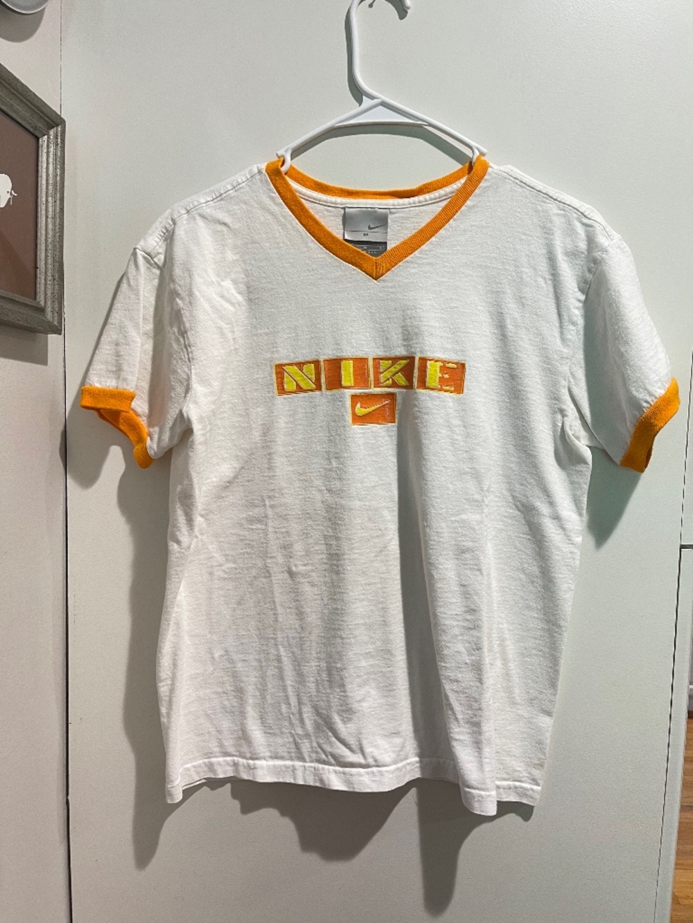 VTG 2000s Y2K Nike Ringer T Shirt 3D Puff/Gloss Graphic Orange Sz M